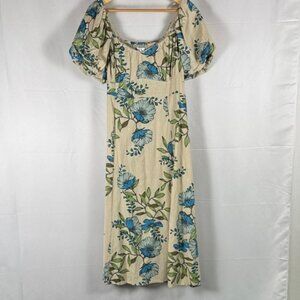 Cream Floral Print Puff Sleeve Scoop Neck A-Line Midi Dress